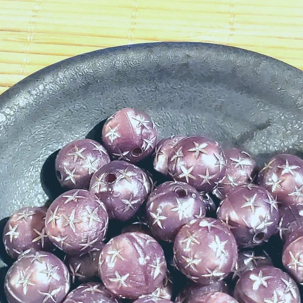 10 Vintage Retro Mauve Silver Stars 12mm Round Acrylic Shabby Chic Beads